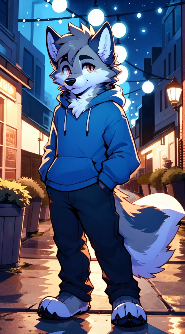 a full body, anthropomorphic brown wolf kid wearing a blue hoodie, pants, wolf face, cute face, glossy fur, big fluffy neckfur, posing for a picture in a hill at night with a city in the distance
