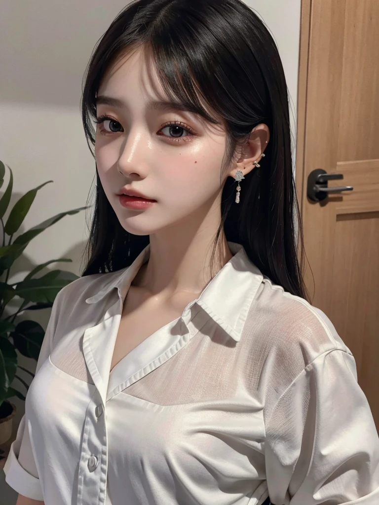 absurdres, RAW photo, extremely delicate and beautiful, masterpiece, Best Quality, ultra high resolution, 32k, hyperrealistic, ultra-detailed, delicate facial features, beautiful detailed woman, tearful mole, earring, medium breasts, full body shot, medium hair, black hair, ((Korean school_uniform)),