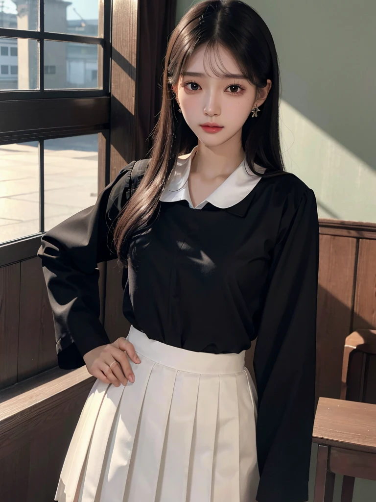 absurdres, RAW photo, extremely delicate and beautiful, masterpiece, Best Quality, ultra high resolution, 32k, hyperrealistic, ultra-detailed, perfect anatomy, super Detailed skin, perfect figure, Super Beauty, Perfect Style, Perfect balance, Beautiful Lighting, Perfect Lightning, Realistic Shadows, 20 years old, very Slim body, narrow waist, very small head, very small face, delicate facial features, handsome detailed woman, very detailed eyes and face, realistic face proportions, Realistic beautiful face, Realistic beautiful eyes, tearful mole, earring, very huge round breasts, legs, medium hair, whole body shot, indoor, school_uniform, dress shirt, pleated skirt, 