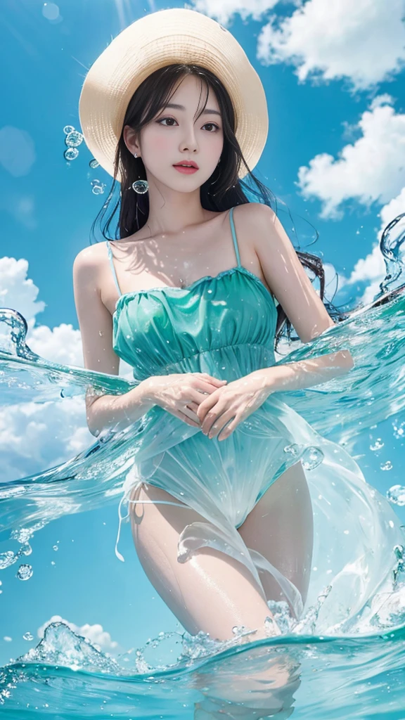 No human, only water bubbles,Clear focus、high-definition picture、realphoto、natural soft light 、white clouds、Sunset、blue open sky、、water bubbles、Fine Form、Expressing the flow of water、brilliance、emerald green、Beautiful images ,