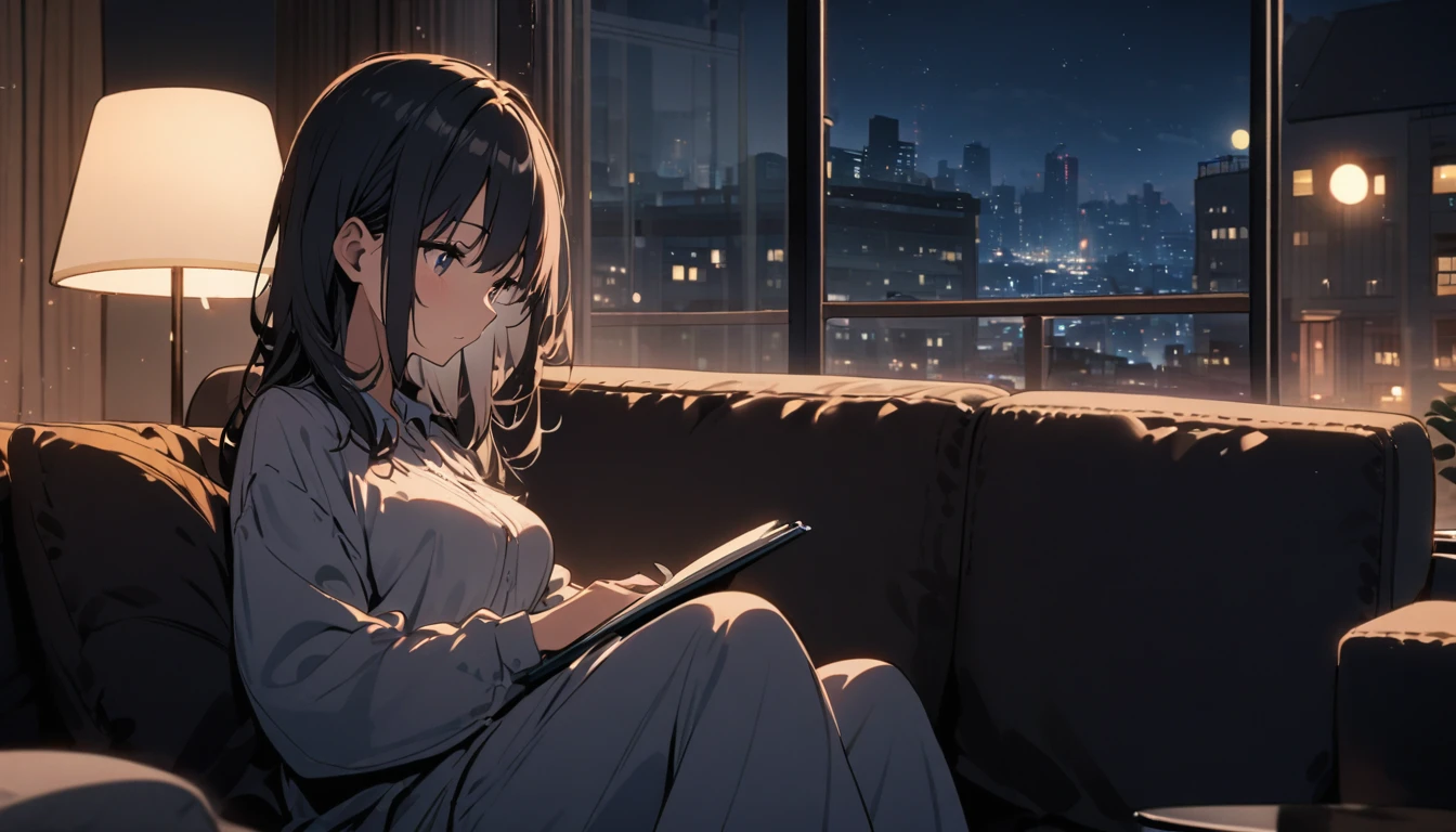 Girl sitting on sofa reading a book,In front of a large window,Night view,Streetscape