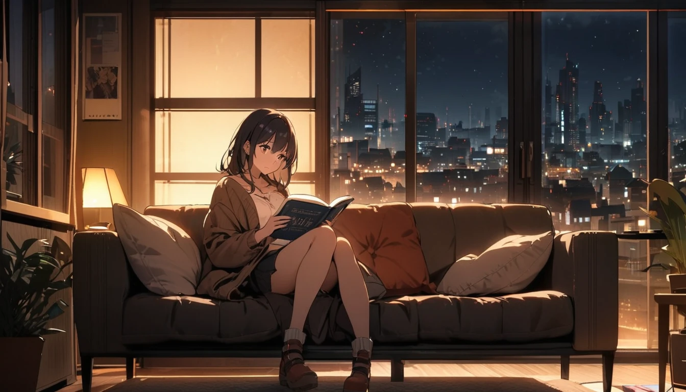 Girl sitting on sofa reading a book,In front of a large window,Night view,Streetscape