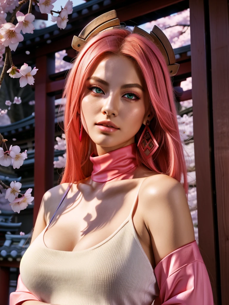 (Masterpiece, Excellent, 1girl, solo, complex details, color difference), realism, ((Large breasts)), large breasts, hourglass figure, sexy, Yae Miko, long pink hair, red headdress, red highlight, hair above one eye, green eyes, earrings, sharp eyes, perfectly symmetrical figure, choker, neon shirt, open jacket, turtleneck sweater, against the wall, brick wall, graffiti, dim lighting, alley, looking at the audience, ((mean, seductive, charming)), ((cherry blossom background ))),((Japanese temple background)))), (((Glow-in-the-dark background)))
