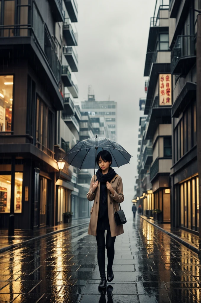 Create an anime-style illustration of a young woman standing in a city street on a rainy day. She holds a transparent umbrella and wears a scarf around her neck. The atmosphere is serene and slightly melancholic, with raindrops gently falling and reflecting on the wet pavement. The background features modern urban buildings and some greenery, with soft lighting giving the scene a calm and reflective mood."