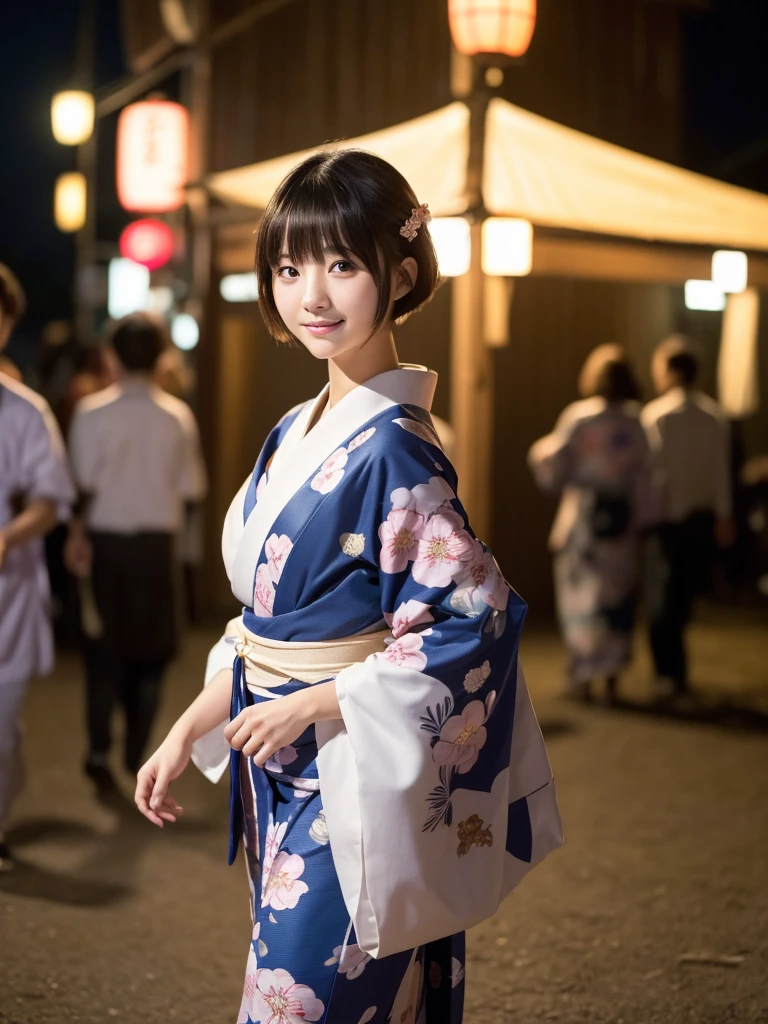 A 20 years old Japanese woman actress, walking in a festival at night, wearing a kimono, short bob hairstyle with bangs, happy expression, (best quality,4k,8k,highres,masterpiece:1.2),ultra-detailed,(realistic,photorealistic,photo-realistic:1.37),side lighting,rule of thirds composition,blurred background