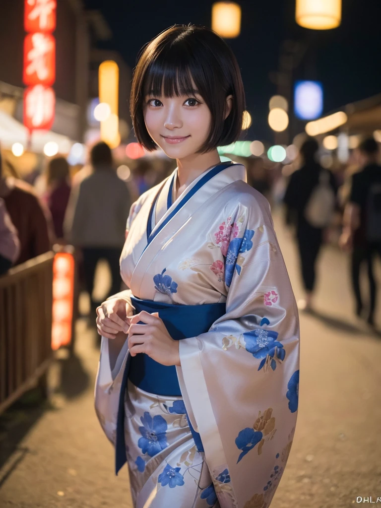 A 20 years old Japanese woman actress, walking in a festival at night, wearing a kimono, short bob hairstyle with bangs, happy expression, (best quality,4k,8k,highres,masterpiece:1.2),ultra-detailed,(realistic,photorealistic,photo-realistic:1.37),side lighting,rule of thirds composition,blurred background