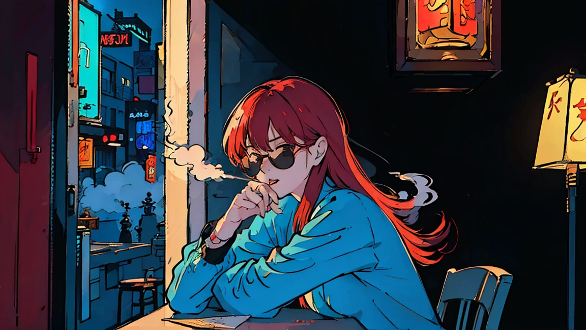 Beautiful redhead Asian girl sitting alone in a restaurant at night, visible from the window, perfect face, sunglasses, Smoke a cigarette, neon black, (backlight: 1.1), solid shadow, masterpiece, best quality, complicated, model shooting style, vintage, film grain,Hold a cigarette,cigarette