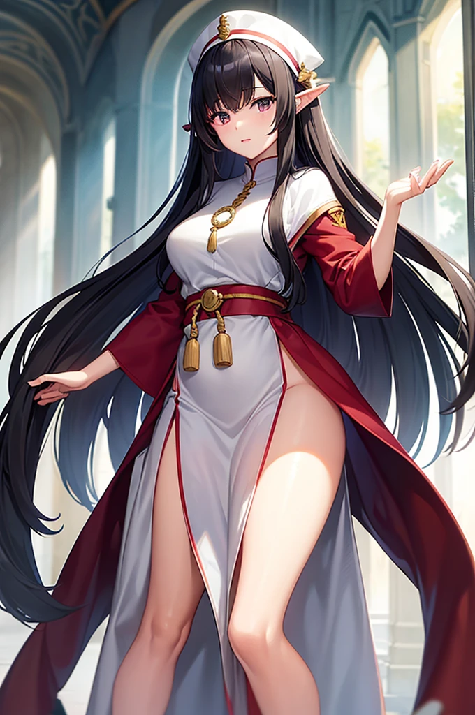 fantasy, semi-realistic, long black hair, female human, priestess, gray eyes, red and white robes, thick tights, wide hips, forest background, neutral expression, middle parted fringe, arms on sides, medieval fantasy, standing, looking at viewer,