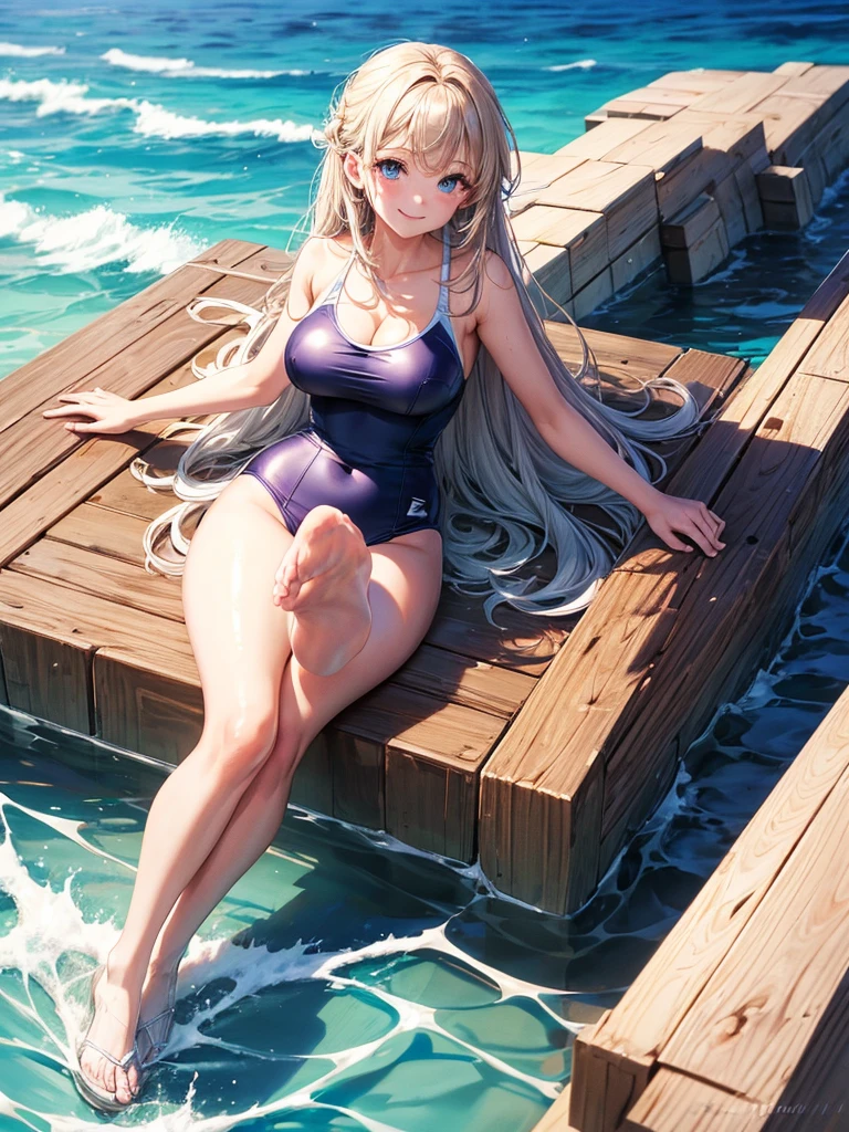 Highest quality,Highest Resolution,Smiling beauty in super high leg swimsuit,Swimming in the sea,Seaside,beach,sunny,whole body,up,Very beautiful eyes,