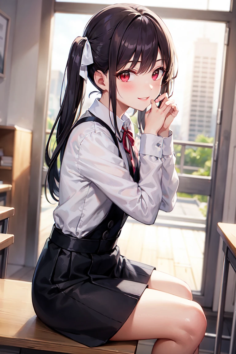 (masterpiece), (Highest quality), (figure), (Beautiful details), (High resolution), One girl, alone, View your viewers,
Sitting, Sitting on desk, From the side, put your hand on your face, 
Day没, Day, School,
(Tuxedo), Long Hair, Red eyes, (Gray Hair), Low twin tails,
Frills, ribbon, Lace-up boots, black hair ribbon, White shirt,
smile, blush,
indoor, window, [building]