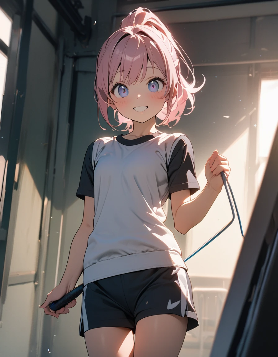 (8K, best quality, master piece: 1.2), super high resolution,1 cute girl,solo,****,ultra-detailed face,detailed eyes,smile,Jumping,(holding a jump rope),school gym clothes,shorts,high ponytail,Smoky pink hair,look at viewer,rim light,indoors Fitness center