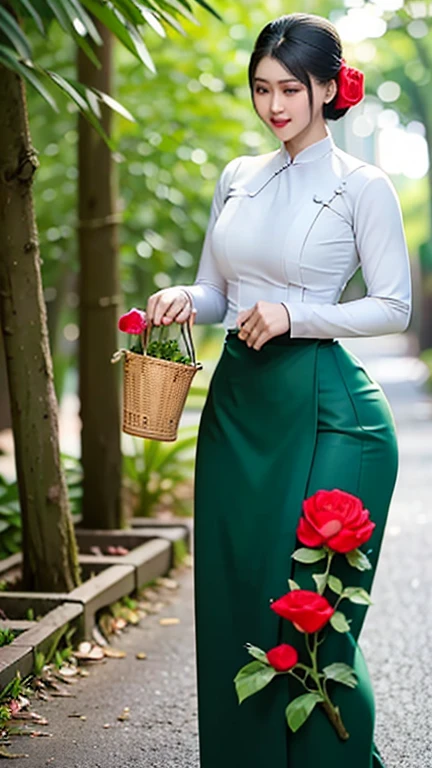 a beautiful girl in vintage colors aodai , masterpiece, best quality, realistic:1.3, street, holding bundle of flowers, red+black dress, sunlight, backlighting, artstation, intricate details, vignettThe owner of an attractive body outline and high hips3d 4k