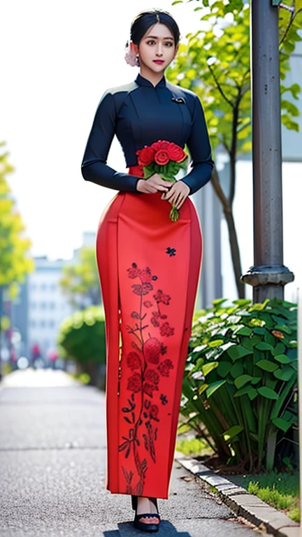 a beautiful girl in vintage colors aodai , masterpiece, best quality, realistic:1.3, street, holding bundle of flowers, red+black dress, sunlight, backlighting, artstation, intricate details, vignettThe owner of an attractive body outline and high hips3d 4k