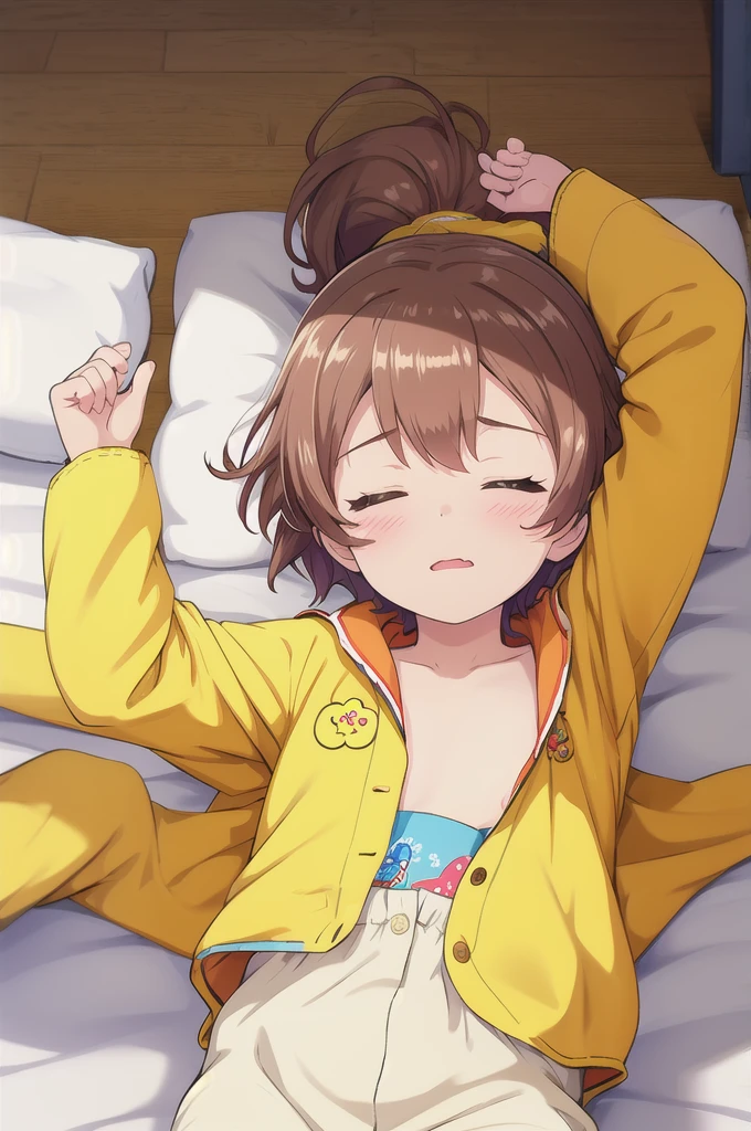 Highest quality,masterpiece,indoor,On the bed, 1girl,独奏,Lying on your back, face, face focus,Close ~ eyes,Are sleeping,yellow pajamas,,undressing,Brown Hair, short hair, ponytail,Flat Chest,