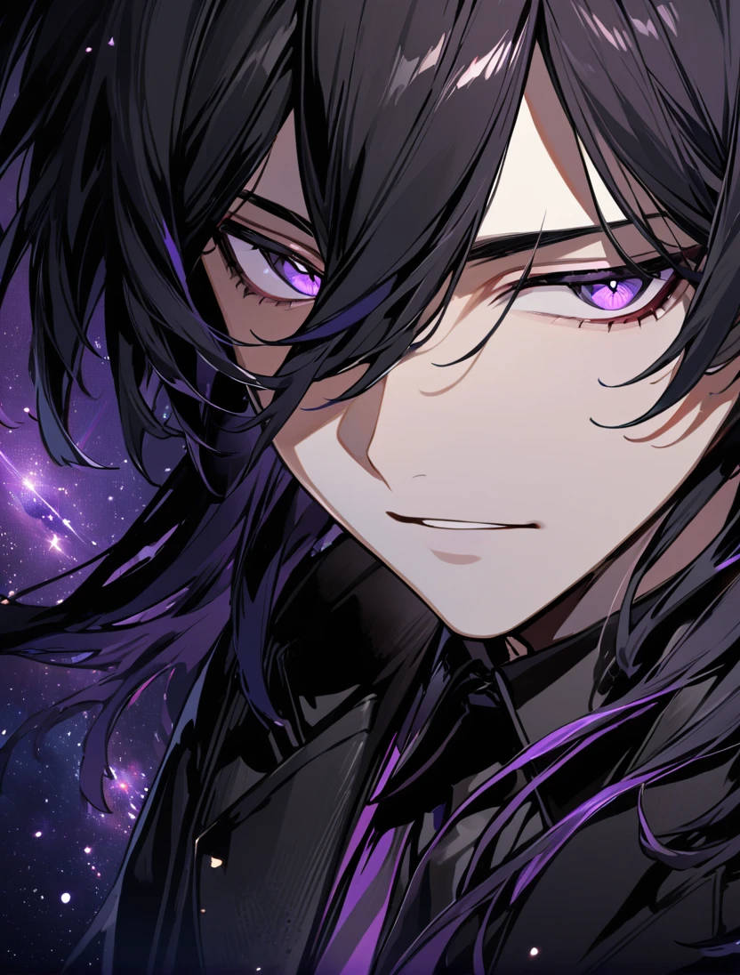 (black_hair), (long_male_hair), (deep_purple_eyes), (high_detailed_eyes), (attractive), (emotionless), (Deep_space_background), (male), (wearing _a_black_suit), (long_male_hair), (detailed_Hair), (detailed), (detailed_mouth), (close_up), (vertical_slit_pupils)