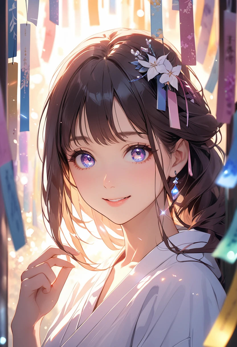 (masterpiece:1.5),(Beat quality),(high res),1girl solo,beautiful face,smile(shining eyes),upper body,light effects,Orihime,Tanabata