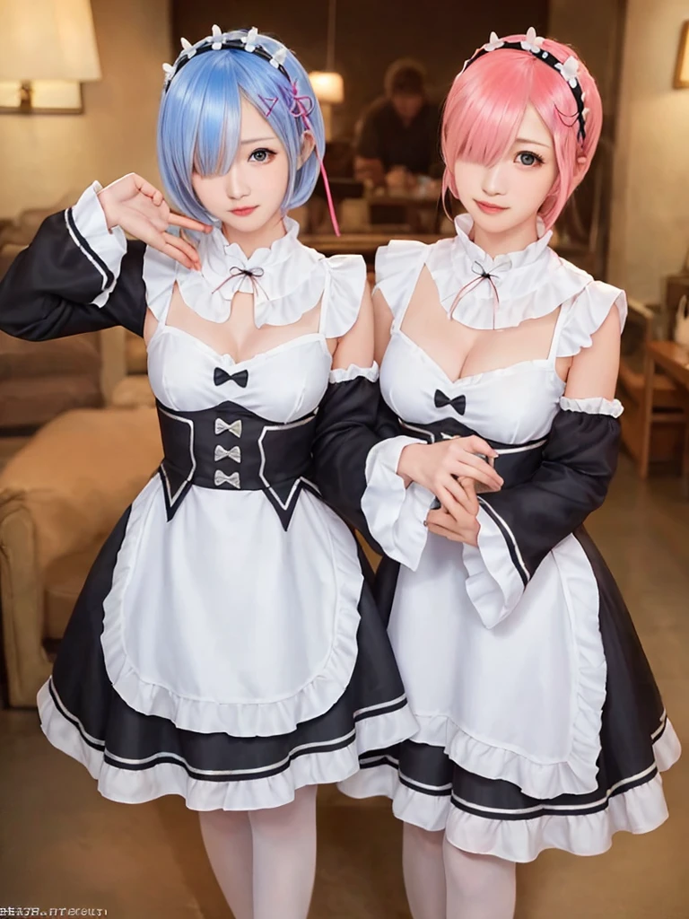 (8K, Photorealistic, Raw photo, of the highest quality: 1.3), (1girl in), Super beautiful, (Realistic face), (boyish, light blue Color Berry Shorthair),(8K, Photorealistic, Raw photo, of the highest quality: 1.3), (1girl in), Super beautiful, (Realistic face), (boyish, pink Color Berry Shorthair), Beautiful , Glare that captivates the viewer, Beautiful expression, Beautiful breasts, (Realistic skin), Be...Create a detailed and colorful image of Ram and Rem from Re:Zero, standing back-to-back in their maid outfits, with a magical fantasy background、14years old, two girls,cute, perfect face, beautiful, nice body, gothic lolita clothes, gothic lolita fashion, frilly skirt, headdress, necklace, bracelet, knee-high socks, boots, double eyelids, tear bags, Detailed down to the fingers, photo-like description, indoors, dim indoor lighting, one girl is pink hair and short bob, another girl is light blue hair and short bob,standing, whole body, composition that shows the whole body, smiling,The Both of them are wearing the same type of maid outfit