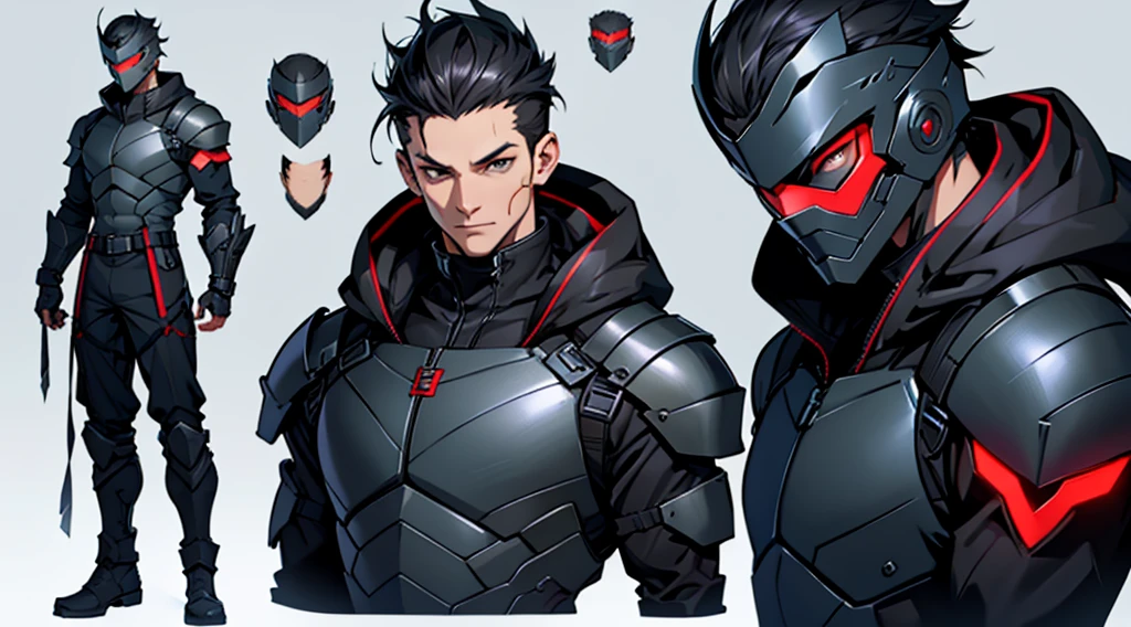 Character design sheet、male、Black combat uniform、Detailed face、Body Armor、Full Face Cyber Helmet