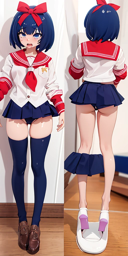 (masterpiece,Super detailed,Highest quality,8K,figure,Shaven:1.2),(Petite Girls:1.0) jcf, One girl,Cowboy Shot, Flip up your skirt to show your pants, Ahegao, Tears, Drooling, Her pussy lines are visible through her panties,