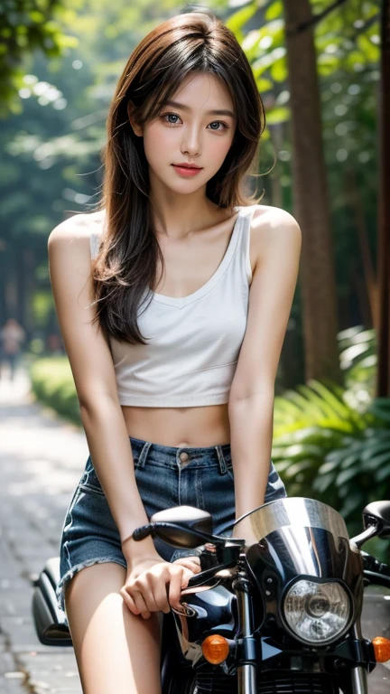 ((,Tomboy,small head)), (well defined abdomen: 1.1), (perfect body: 1.1), short permed hair, black hair,Attractive collarbone，（Highly Detailed CG 8k Wallpaper），（Incredibly stylish and beautiful.），（Masterpiece），（best quality：1.0），（초high resolution：1.0），Upper body photograph，[high resolution]，Beautiful girl riding a motorcycle，Cheerfulness，smile，smooth, flawless, white skin，very detailed ，Long legs，The flattest，thin，emaciated，colorful casual clothes, In the forest，Perfect details of realistic motorcycle.，enlargement，midnight，Dark lights，starry