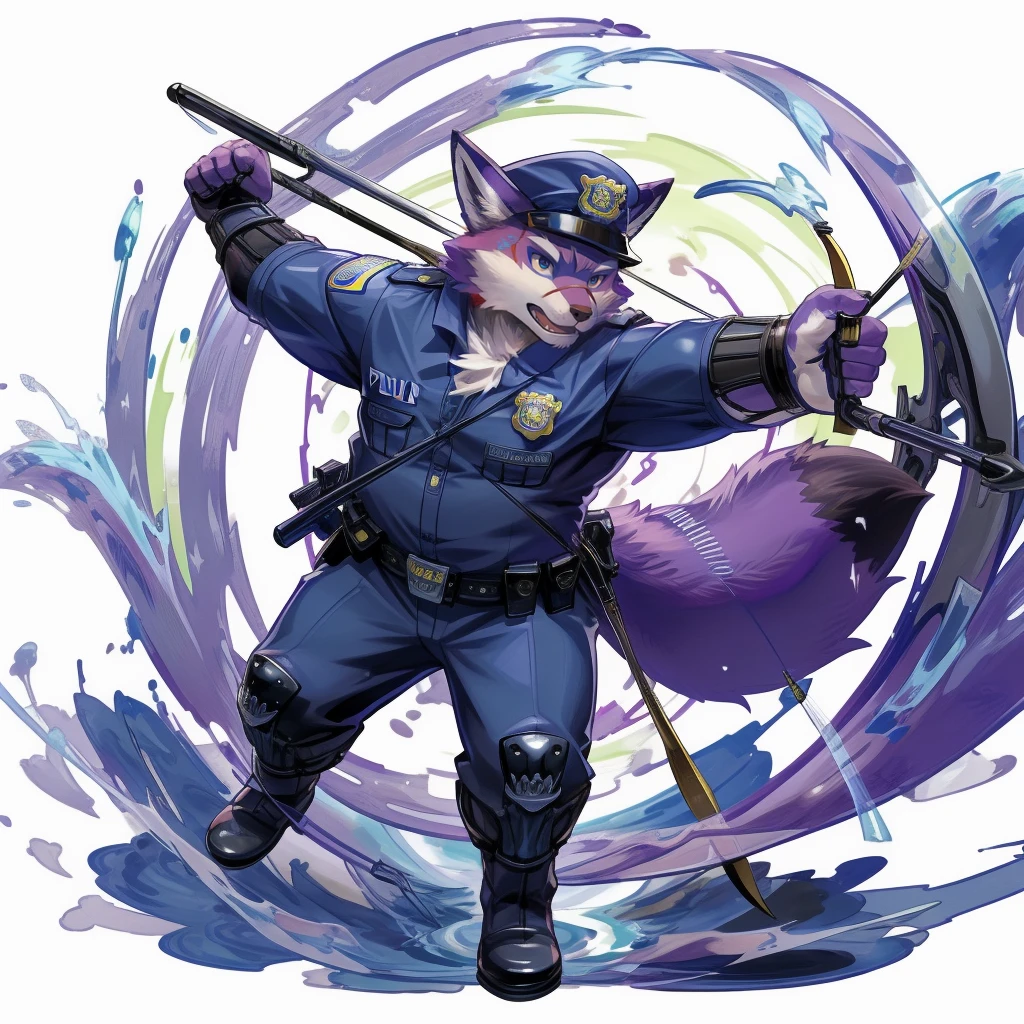 anthro, kemono, male, solo, (((anthro fox))), (((purple fox))), (((purple fur))), purple hair, green eyes, beard, white eyebrows, mature, white background, hold a bow, archer, ((((policeman, police outfit, police cap))), full body, splash art, (((action pose))), archery pose,