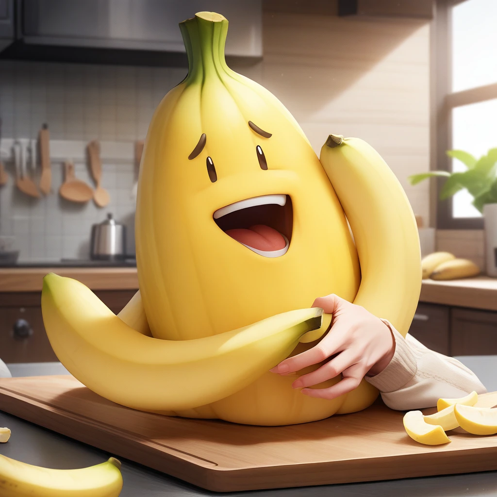 Highest quality、masterpiece、Realistic banana character、laughing、The background is a cutting board