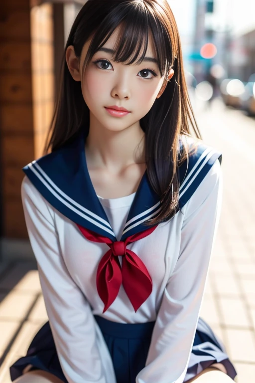 (masterpiece:1.3), (8K, Realistic, RAW Photos, Best image quality: 1.4), Japanese, (One adult girl), cute,cute、 (Lively Faces), Beautiful hairstyle, Realistic eyes, Beautiful eye details, (Realistic Skin), Beautiful skins, Charm, 超High resolution, 超Realistic, Attention to detail, Golden Ratio, (Detail Makeup:1.2), View your viewers,Tabletop, Highest quality, Very detailed, In detail, High resolution, Composition of the whole body、Open leg pose、Boldly open your legs、美しいAttention to detail目, Fitness Wear, Natural color lip,Realistic、Realistic、alone、Realistic、Highest quality、Very detailed顔、Very detailed目と顔、Beautiful and detailed、Absurd、信じられないほどAbsurd、My hair is messy、Floating Hair、Brown Hair、Wavy Hairstyle、Medium Hair、(Extremely detailed CG、8K Picture Wallpaper)、(Very delicate and beautiful)、(masterpiece)、(Highest quality:1.0)、(超High resolution:1.0)、Beautiful lighting、Perfect Lightning、Realistic Shadows、[High resolution]、Detailed skin、Very detailedな、Detailed face and eyes、Realistic eyes、Sharp pupils、Beautiful Face、plein air、Downtown Japan、Amidst the hustle and bustle、Blurred Background、Glowing Skin、Blunt bangs、Red Eye、(Sailor suit 1.2)、Sailor suits have long sleeves、Ultra HD Photos, 8K quality, Outdoor, Systemic composition, Looking into the camera, Japan Perfect Beauty, Texture with visible pores, Perfect Face, Transparent muscle, Transparent muscle, Beautiful and toned body, Muscular, thin, Small breasts, Tight ass and small breasts、Small Ass、 Bloomers (Bloomers  Japan School, Seamless Design, 単色のBloomers, Bloomers are dark blue, Exactly、Bloomers are elastic fabrics、Bloomersの長さはへそから３ｃｍThe following degrees::, )Legs wide open、、Expressionless、(Turn face to the side、)