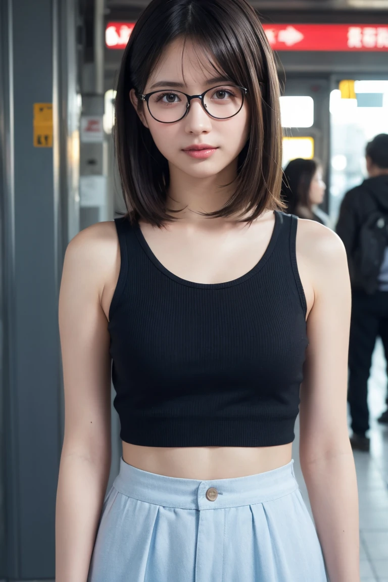 (8K、Raw photo、Highest quality、masterpiece:1.2)、(Realistic、Photorealistic:1.37)、Ultra-detailed、Ultra-high resolution、1 girl、Seeing the viewer、Beautifully detailed face、Laughter、narrow、(Slim waist) :1.3)、shortcut、Beautifully detailed skin、Skin Texture、Floating Hair、Professional Lighting、Waiting for the train on the platform、Black-rimmed square glasses 、Human whole body、Brown Hair、Northleigh、Tank Top