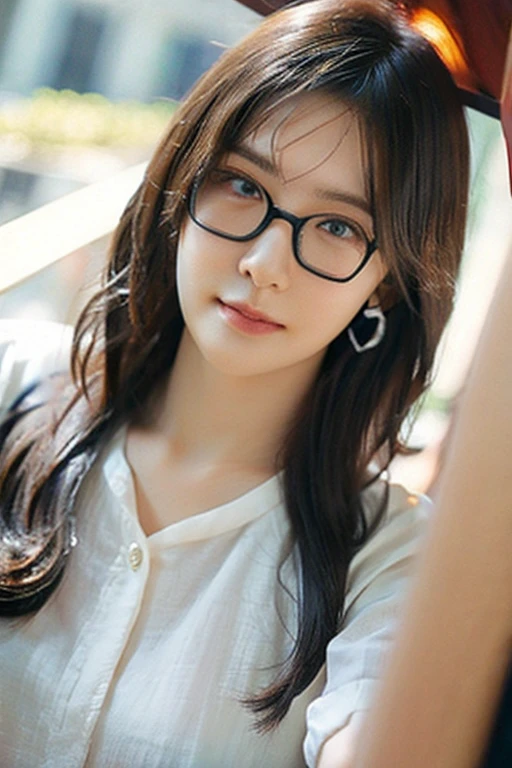 Highest quality、masterpiece、High sensitivity、High resolution、Detailed Description、Slender women、Glasses、With the wind from a fan、Fluttering Hair、
