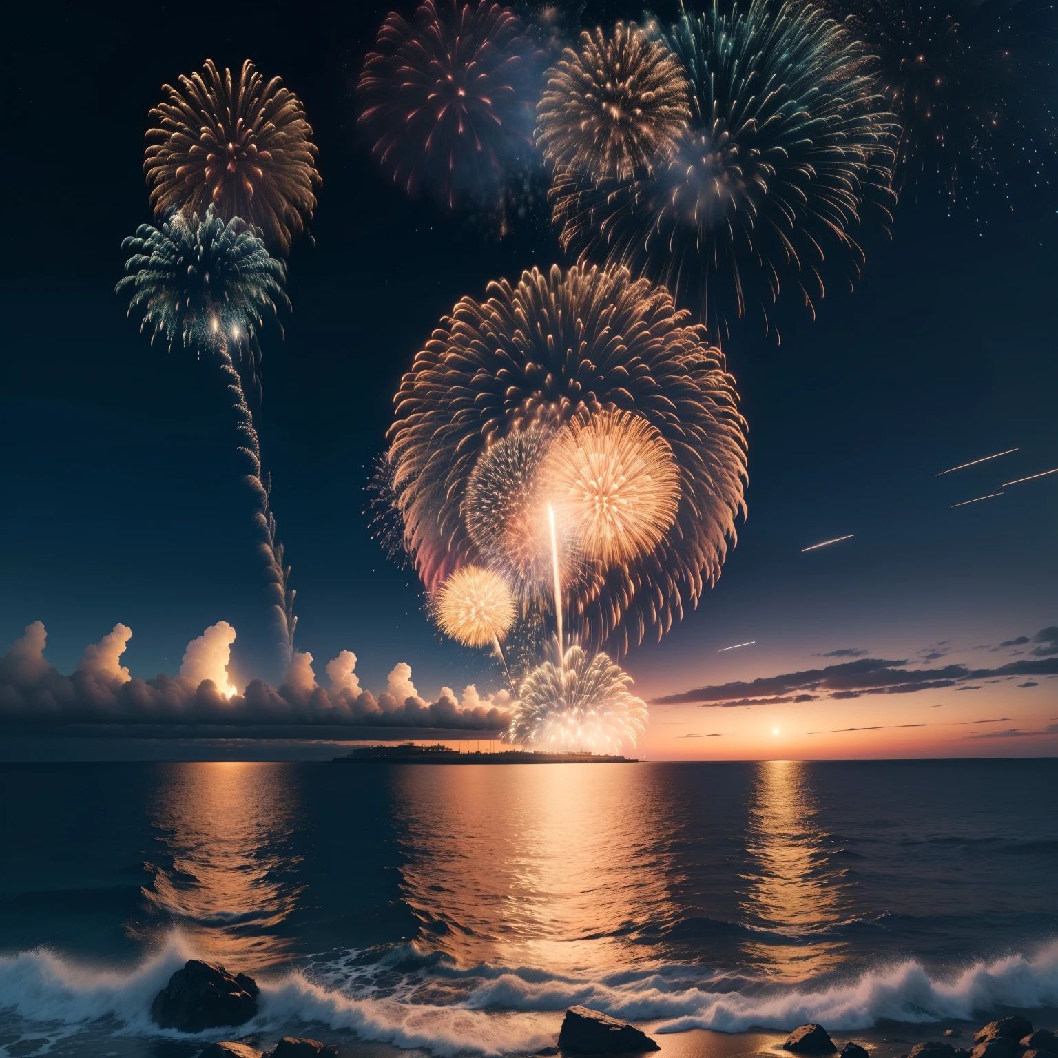 Huge fireworks,Sea at night,8K