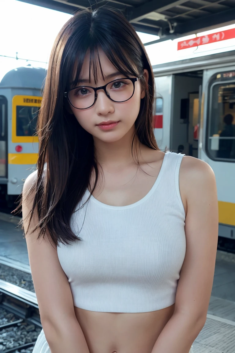 (8K、Raw photo、Highest quality、masterpiece:1.2)、(Realistic、Photorealistic:1.37)、Ultra-detailed、Ultra-high resolution、1 girl、Seeing the viewer、Beautifully detailed face、Laughter、narrow、(Slim waist) :1.3)、shortcut、Beautifully detailed skin、Skin Texture、Floating Hair、Professional Lighting、Waiting for the train on the platform、Black-rimmed square glasses 、Human whole body、Brown Hair、Northleigh、Tank Top