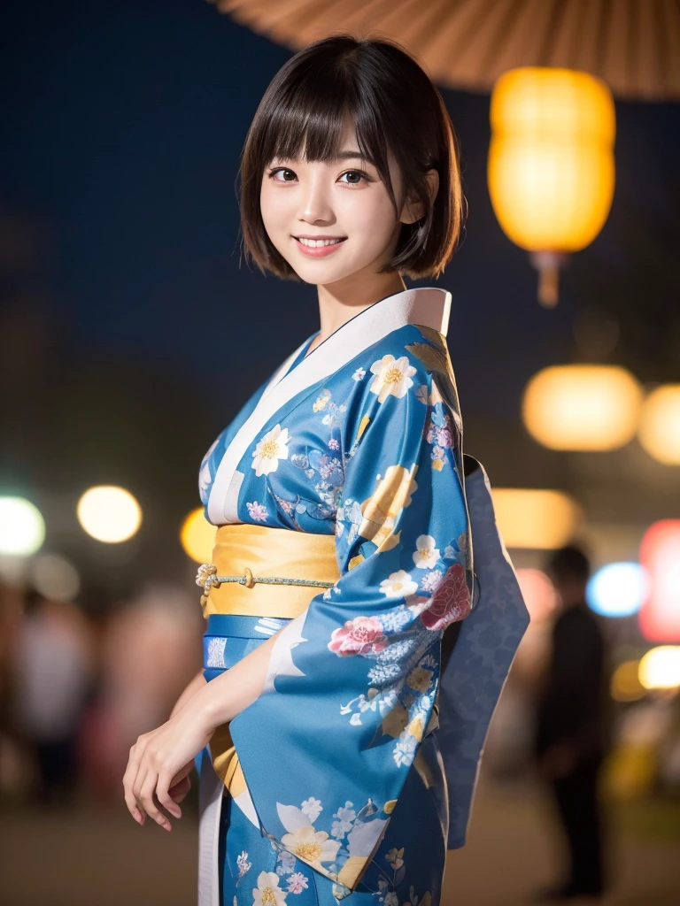 A 20 years old Japanese woman actress in a festival at night, wearing a kimono, short bob hairstyle with bangs, happy expression, (best quality,4k,8k,highres,masterpiece:1.2),ultra-detailed,(realistic,photorealistic,photo-realistic:1.37),side lighting,rule of thirds composition,blurred background