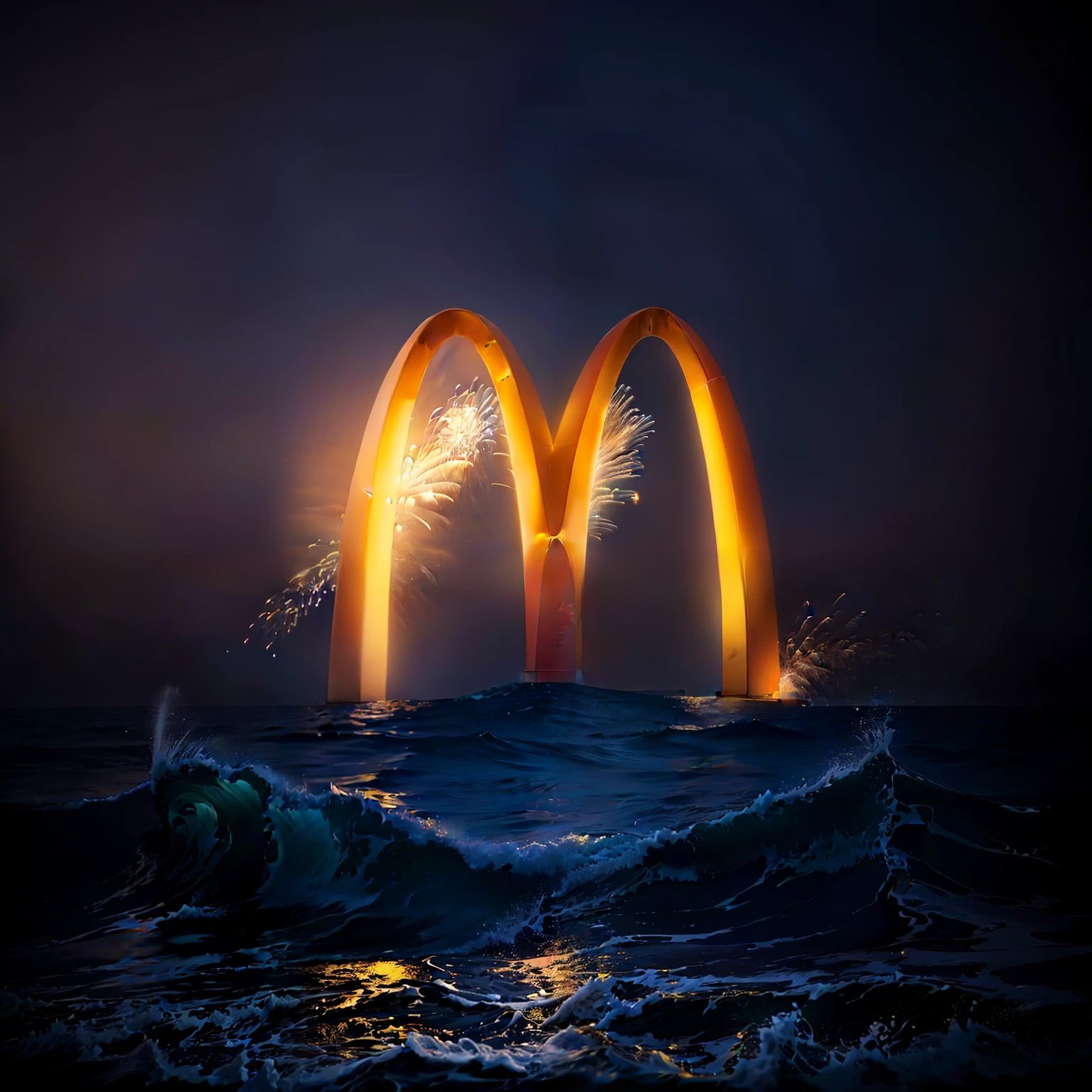 Golden Arches Logo, mcdonalds, fireworks,Sea at night,8K