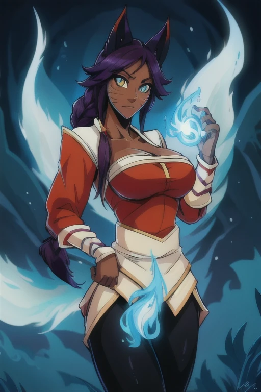 (best quality:1.3), (4K quality),masterpiece, best quality, high res, detailed, (Detailed face:1.2), (Detailed eyes:1.2), (Perfect figure:1.2), CARTOON, ANIME, CARTOON ARTSTYLE, Fantasy style, Fantasy environment, 1girl, solo, (merge Ahri with Yoruichi Shihoin), kitsune, dynamic pose, long purple hair, dark skin, dark-skinned female, purple fox tail, multiple tails, braid, fox tail, multiple tails, orange Korean style clothing, cleavage, shirt accessory, waist accessory,  short skirt, black leggings, medium breast, forest background, detailed background, detailed face, detailed eyes, perfect hands, blue fire, blue flame magic, hands generating blue flame magic,