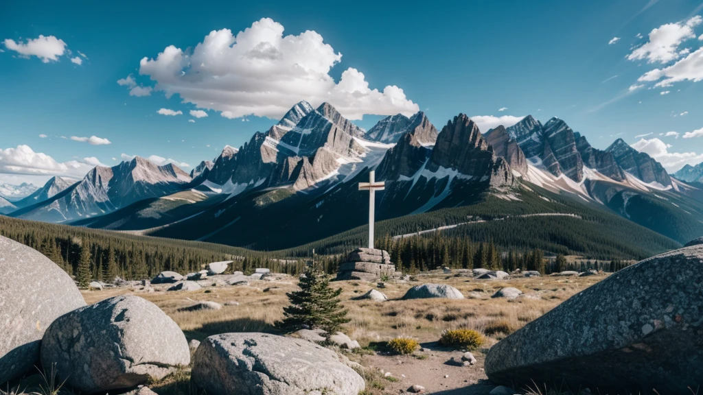 several rocky mountains on a summer day with a cross in the center