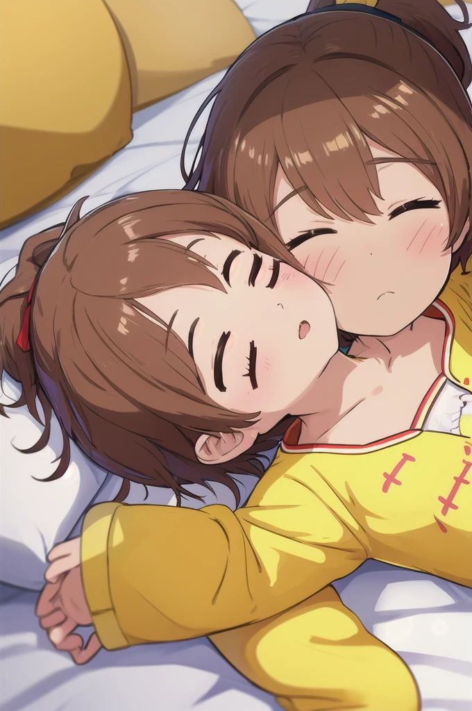 Highest quality,masterpiece,indoor,On the bed, 1girl,独奏,Lying on your back, face, face focus,Close ~ eyes,Are sleeping,yellow pajamas,Brown Hair, short hair, ponytail,Flat Chest,