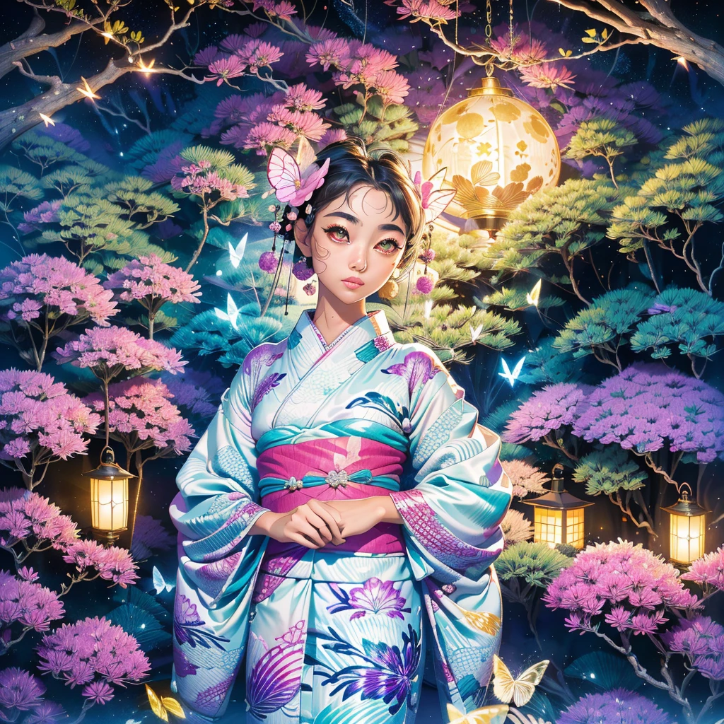 Girl in yukata　Big eyes　Beautiful Skin　Shiny skin　Japan　Edo　Twinkling in the Stars　Vibrant Background　Imaginary landscape　Shangri-La　Sound of the beach　Sea of night　Tidal breeze　Dream of a butterfly　Transform