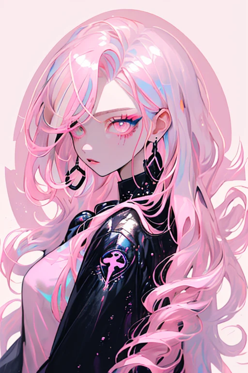 estilo Niji, 1girl, only, long hair, looking at the viewer, blue eye fundus, White background, jewely, Closed mouth, Jacket, Upper part of the body, pink hair, earrings, pink eyes, collar, from one side, pullover, lips, lashes, make-up, wavy hair, penetrating, Cruz, lipstick, ear penetrating, eyeshadow, hoop earrings, pink lips, multicolored eyes, pink theme, , pink eyeshadow,