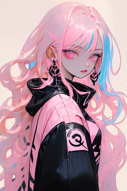 estilo Niji, 1girl, only, long hair, looking at the viewer, blue eye fundus, White background, jewely, Closed mouth, Jacket, Upper part of the body, pink hair, earrings, pink eyes, collar, from one side, pullover, lips, lashes, make-up, wavy hair, penetrating, Cruz, lipstick, ear penetrating, eyeshadow, hoop earrings, pink lips, multicolored eyes, pink theme, , pink eyeshadow,