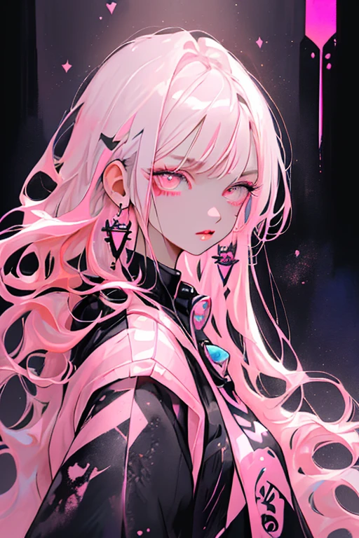 estilo Niji, 1girl, only, long hair, looking at the viewer, blue eye fundus, White background, jewely, Closed mouth, Jacket, Upper part of the body, pink hair, earrings, pink eyes, collar, from one side, pullover, lips, lashes, make-up, wavy hair, penetrating, Cruz, lipstick, ear penetrating, eyeshadow, hoop earrings, pink lips, multicolored eyes, pink theme, , pink eyeshadow,