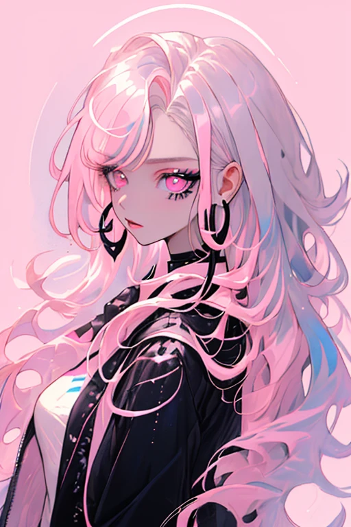 estilo Niji, 1girl, only, long hair, looking at the viewer, blue eye fundus, White background, jewely, Closed mouth, Jacket, Upper part of the body, pink hair, earrings, pink eyes, collar, from one side, pullover, lips, lashes, make-up, wavy hair, penetrating, Cruz, lipstick, ear penetrating, eyeshadow, hoop earrings, pink lips, multicolored eyes, pink theme, , pink eyeshadow,