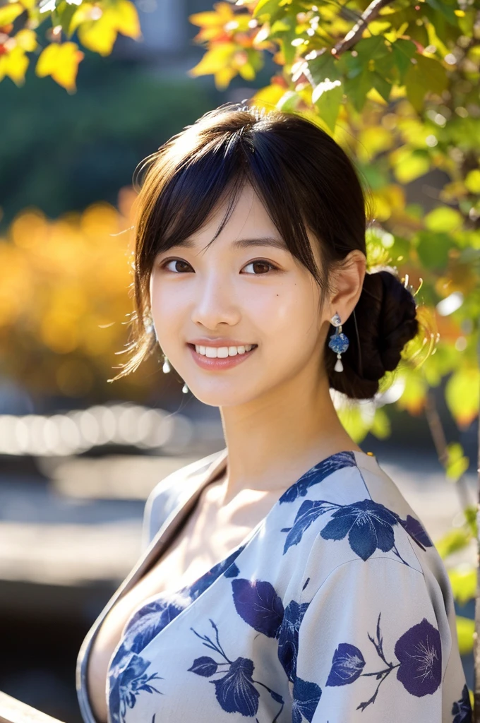 (Realistic:1.3), Rembrandt Lighting, (Tabletop:1.2), (Realistic:1.2), (Highest quality), (Detailed skin:1.3), (Intricate details), Ray Tracing,One Girl, Japanese girl, 21 years old, Detailed skin texture, (blush:0.5), Scattered beneath the surface, smile, Updo, bangs, Hair between the eyes, hair ornaments, Kimono with blue floral pattern, whole body, Stand in the inner, Large Breasts, (Bright sunny day, Autumn scenery, Autumn Tree々々And leaves, (Zen Garden:1.2)