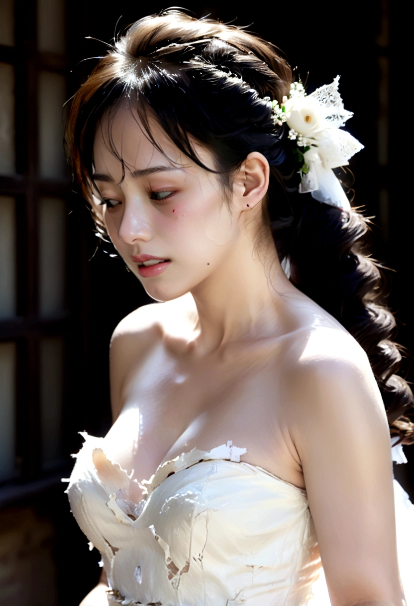 (Highest quality, masterpiece, 4K, photograph, Fine:1.4), (A beautiful girl crying in a tattered short wedding dress:1.3), Half naked, Beautiful girl in rags, church, ponytail, A badly torn and tattered mini-length white wedding dress:1.3, Bare chest, Full view of breasts, Almost naked, (A ripped and tattered white mini wedding dress:1.2), Very beautiful, (A mini wedding dress ripped to shreds:1.2), A man is ripping her clothes off, Her dress is torn and her breasts are exposed, Thighs in full view, Walking while crying, Her skirt is torn and her thighs are visible, Full body video:1.2, A badly torn and tattered white mini wedding dress:1.2, Her skin is visible through a hole in her torn miniskirt, ほとんどAlmost naked, The white fabric of the torn dress is scattered everywhere.
