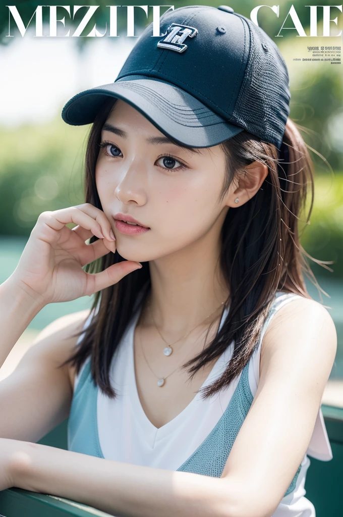 ((magazine cover)),((运动magazine cover)),((体育magazine cover)),Beautiful and healthy tennis player,woman,Tennis outfits,Tennis hats,bust,The eyes are sharply focused,Canon EOS R5 effect,Photo texture,Soft Lighting,8K,Ultra-clear,Ultra-realistic,Hyperrealism,masterpiece