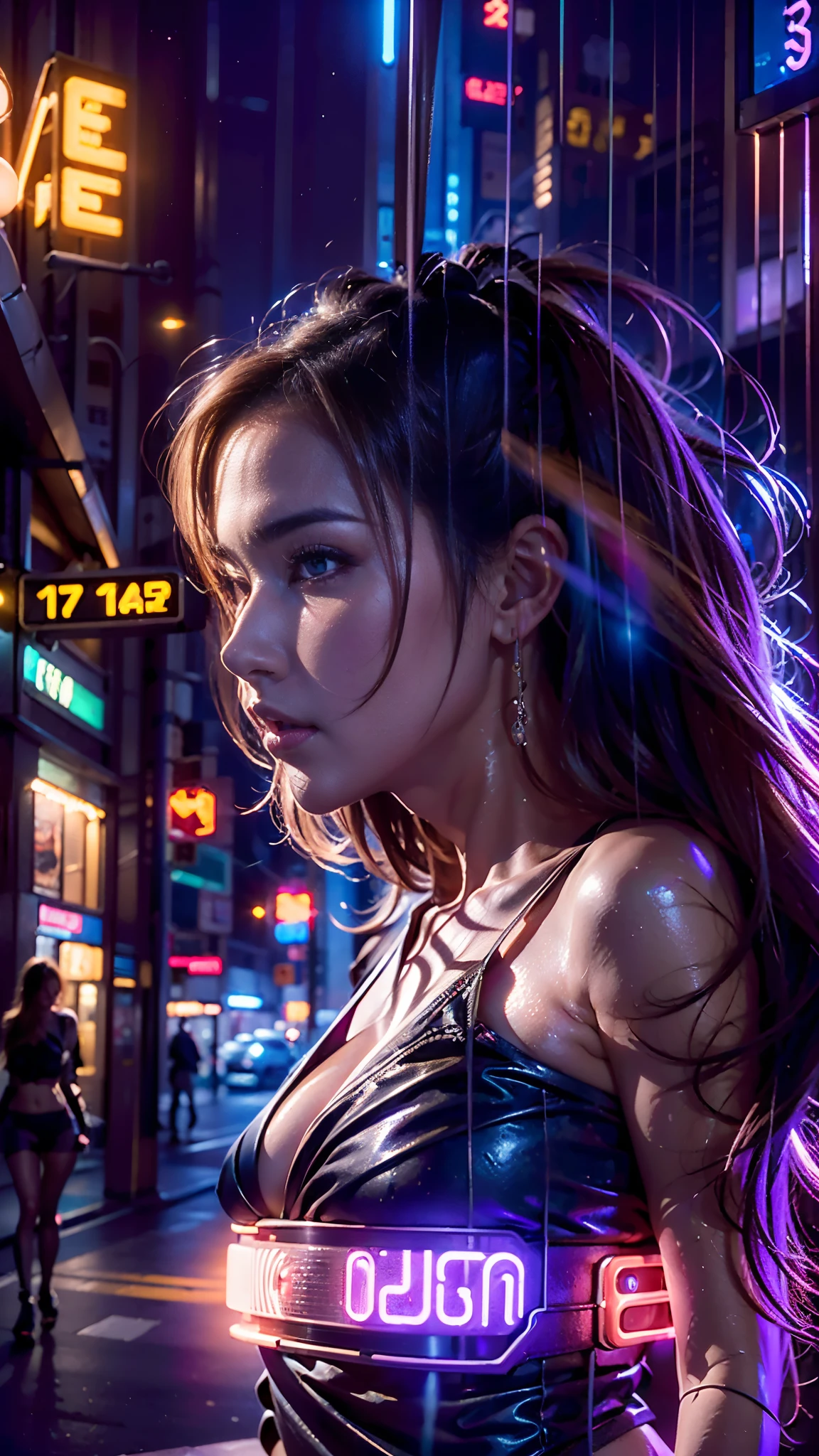 4k, best quality, realistic, detailed,A handsome man approaches a gorgeous woman with a super glamorous figure on the streets of Cyber City and asks her out on a date. Pick-up. A neon-lit night downtown. The faces of the two are captured in more detail and beauty.