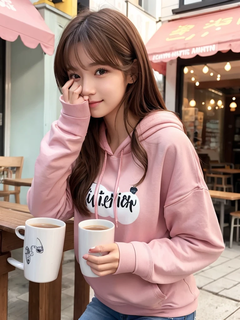 Bright cafe,Hide your face with a mug,20 generation beauty,semi-long,Brown Hair,Light pink hoodie,jeans,cute