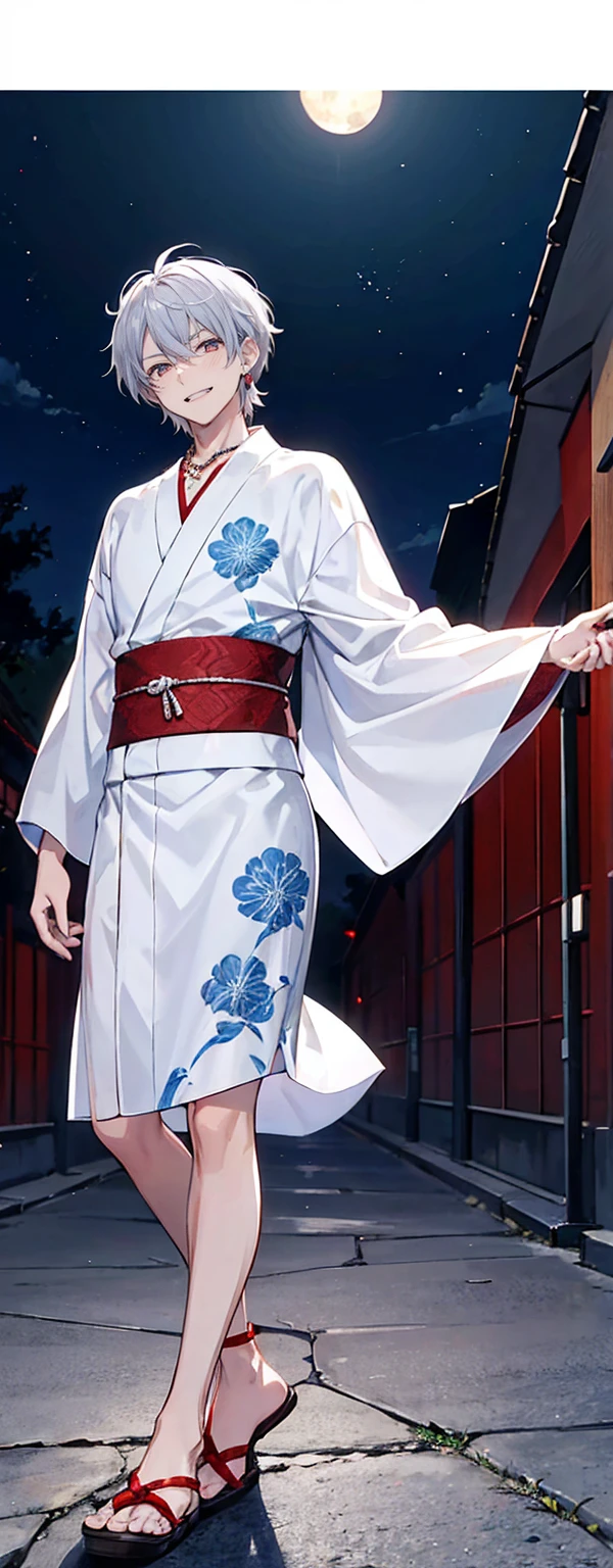 High resolution, High resolution,2D Anime Style,,Cool guy,Mature,,20th generation,short hair,Silver Hair,Red eyes,Beautiful Watches,Beautiful earrings,Beautiful Necklace,Cool Yukata,He is laughing a little,night,Standing with your legs apart,festival