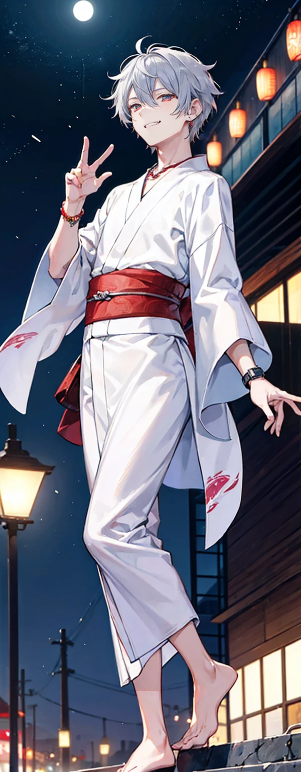 High resolution, High resolution,2D Anime Style,,Cool guy,Mature,,20th generation,short hair,Silver Hair,Red eyes,Beautiful Watches,Beautiful earrings,Beautiful Necklace,Cool Yukata,He is laughing a little,night,Standing with your legs apart,festival