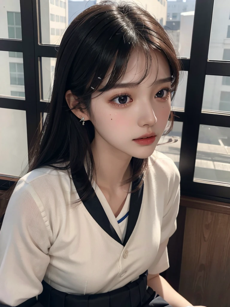 absurdres, RAW photo, extremely delicate and beautiful, masterpiece, Best Quality, ultra high resolution, 32k, hyperrealistic, ultra-detailed, delicate facial features, beautiful detailed woman, tearful mole, earring, medium breasts, ((full body shot)), medium hair, black hair, ((Korean school_uniform)),