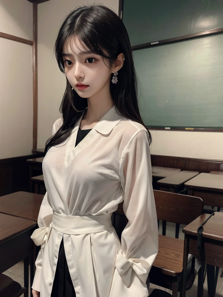 absurdres, RAW photo, extremely delicate and beautiful, masterpiece, Best Quality, ultra high resolution, 32k, hyperrealistic, ultra-detailed, delicate facial features, beautiful detailed woman, tearful mole, earring, medium breasts, ((full body shot)), medium hair, black hair, ((Korean school_uniform)),